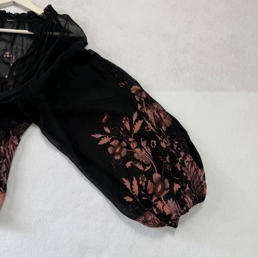 Anthropologie Womens Black Copper Dark Floral Sheer Balloon Sleeve Blouse Size M - Picture 7 of 10